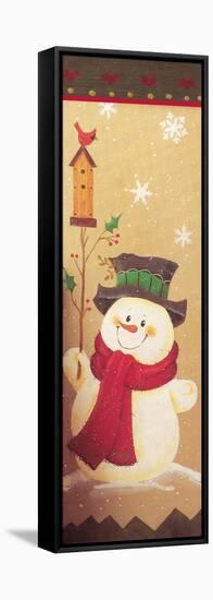 Snowman Holding a Holly Branch with a Bird House on Top of it Red Bird-Beverly Johnston-Framed Premier Image Canvas