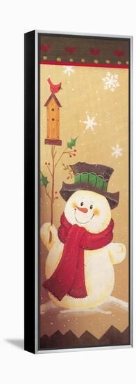 Snowman Holding a Holly Branch with a Bird House on Top of it Red Bird-Beverly Johnston-Framed Premier Image Canvas