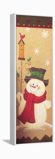 Snowman Holding a Holly Branch with a Bird House on Top of it Red Bird-Beverly Johnston-Framed Premier Image Canvas