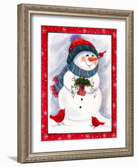 Snowman with Birds-Beverly Johnston-Framed Giclee Print