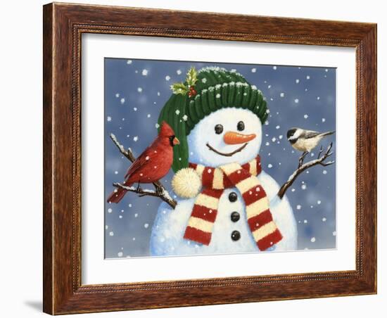 Snowman with Cardinal and Chickadee-William Vanderdasson-Framed Giclee Print