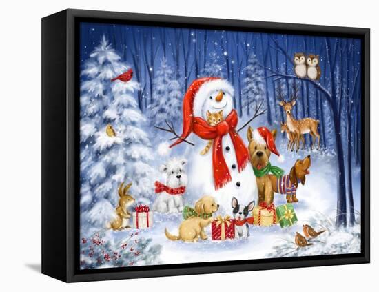 Snowman with dogs in wood-MAKIKO-Framed Premier Image Canvas