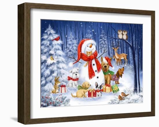 Snowman with dogs in wood-MAKIKO-Framed Giclee Print