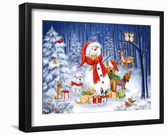 Snowman with dogs in wood-MAKIKO-Framed Giclee Print