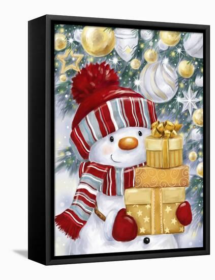 Snowman with Gold and Silver Presents-MAKIKO-Framed Premier Image Canvas