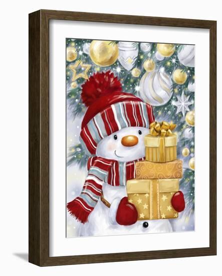 Snowman with Gold and Silver Presents-MAKIKO-Framed Giclee Print