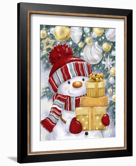 Snowman with Gold and Silver Presents-MAKIKO-Framed Giclee Print