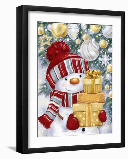 Snowman with Gold and Silver Presents-MAKIKO-Framed Giclee Print
