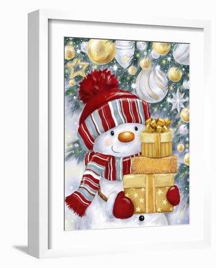 Snowman with Gold and Silver Presents-MAKIKO-Framed Giclee Print