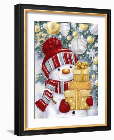 Snowman with Gold and Silver Presents-MAKIKO-Framed Giclee Print