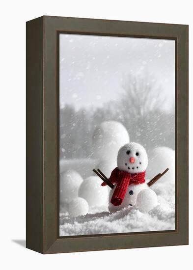 Snowman with Winter Snow Background-Sandralise-Framed Premier Image Canvas