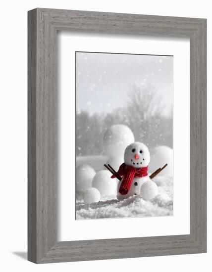 Snowman with Winter Snow Background-Sandralise-Framed Photographic Print