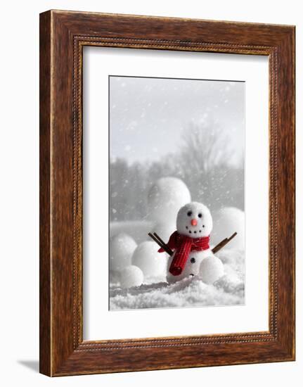 Snowman with Winter Snow Background-Sandralise-Framed Photographic Print