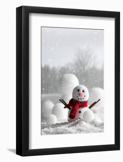 Snowman with Winter Snow Background-Sandralise-Framed Photographic Print