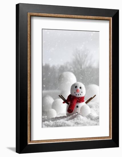 Snowman with Winter Snow Background-Sandralise-Framed Photographic Print