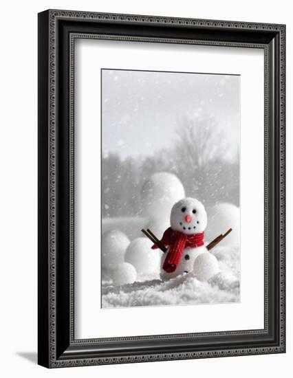 Snowman with Winter Snow Background-Sandralise-Framed Photographic Print