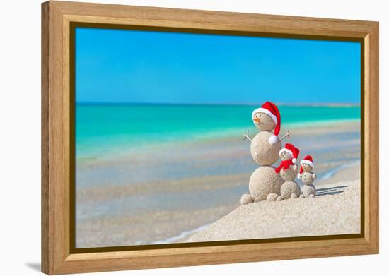 Snowmans Family at Sea Beach in Santa Hat. New Years and Christmas-EMprize-Framed Premier Image Canvas