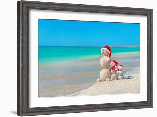 Snowmans Family at Sea Beach in Santa Hat. New Years and Christmas-EMprize-Framed Photographic Print