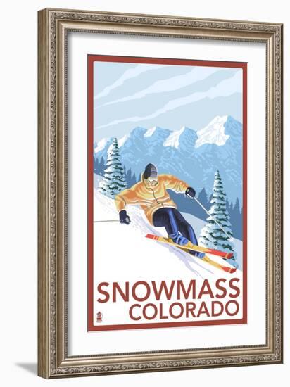 Snowmass, Colorado - Downhill Skier-Lantern Press-Framed Art Print