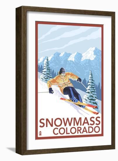 Snowmass, Colorado - Downhill Skier-Lantern Press-Framed Art Print