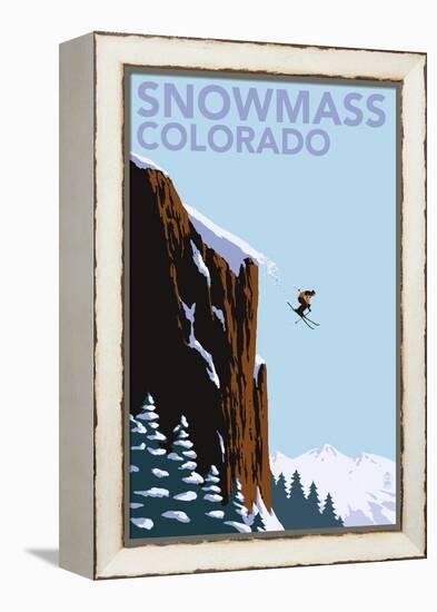 Snowmass, Colorado - Skier Jumping-Lantern Press-Framed Stretched Canvas