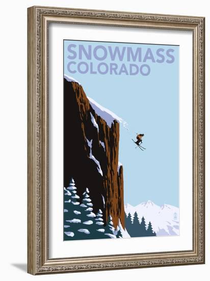 Snowmass, Colorado - Skier Jumping-Lantern Press-Framed Premium Giclee Print