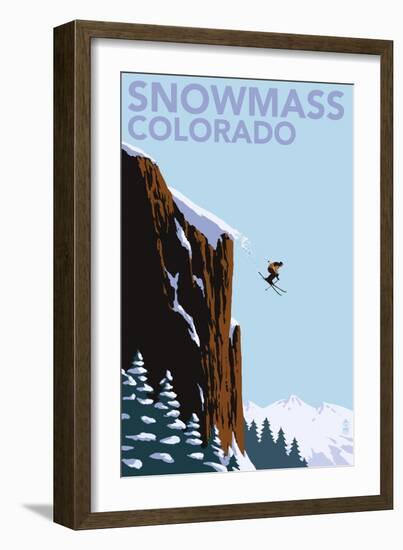 Snowmass, Colorado - Skier Jumping-Lantern Press-Framed Premium Giclee Print