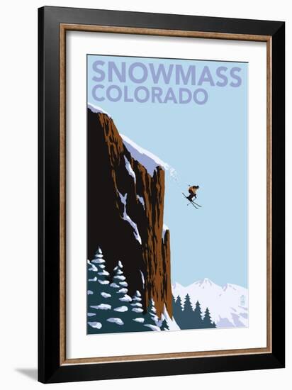 Snowmass, Colorado - Skier Jumping-Lantern Press-Framed Premium Giclee Print