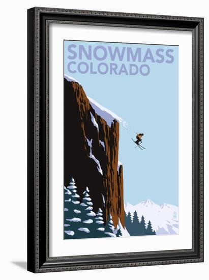 Snowmass, Colorado - Skier Jumping-Lantern Press-Framed Premium Giclee Print