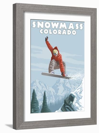Snowmass, Colorado - Snowboarder Jumping-Lantern Press-Framed Art Print