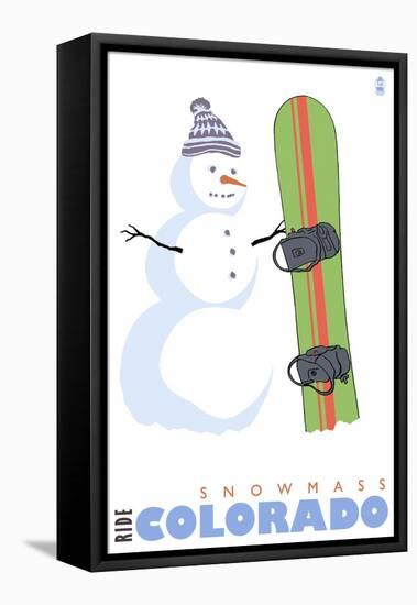 Snowmass, Colorado, Snowman with Snowboard-Lantern Press-Framed Stretched Canvas