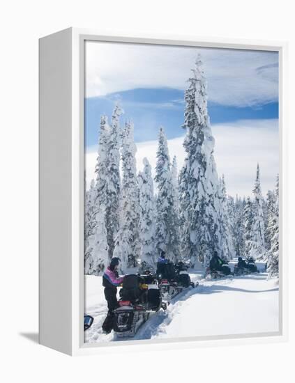 Snowmobilers in a Hoar Frosted Forest on Two Top Mountain, West Yellowstone, Montana, United States-Kimberly Walker-Framed Premier Image Canvas