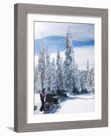 Snowmobilers in a Hoar Frosted Forest on Two Top Mountain, West Yellowstone, Montana, United States-Kimberly Walker-Framed Photographic Print