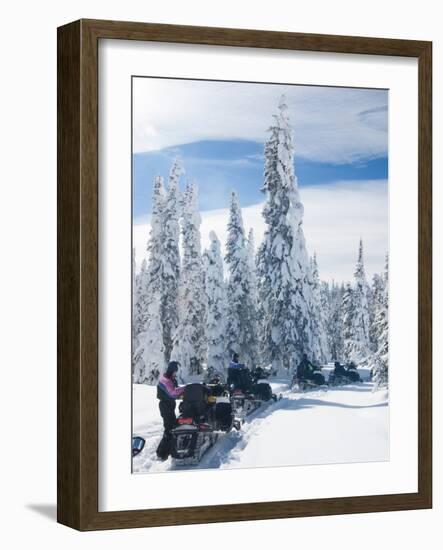 Snowmobilers in a Hoar Frosted Forest on Two Top Mountain, West Yellowstone, Montana, United States-Kimberly Walker-Framed Photographic Print