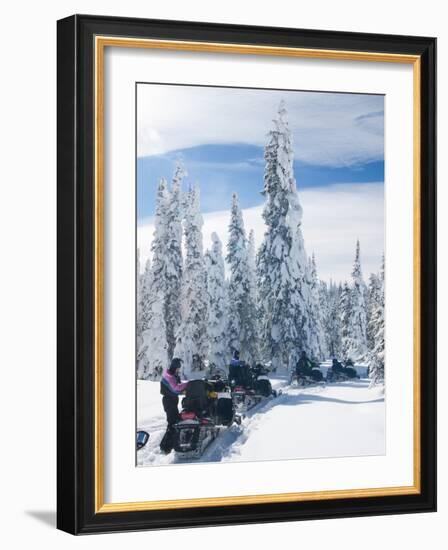 Snowmobilers in a Hoar Frosted Forest on Two Top Mountain, West Yellowstone, Montana, United States-Kimberly Walker-Framed Photographic Print