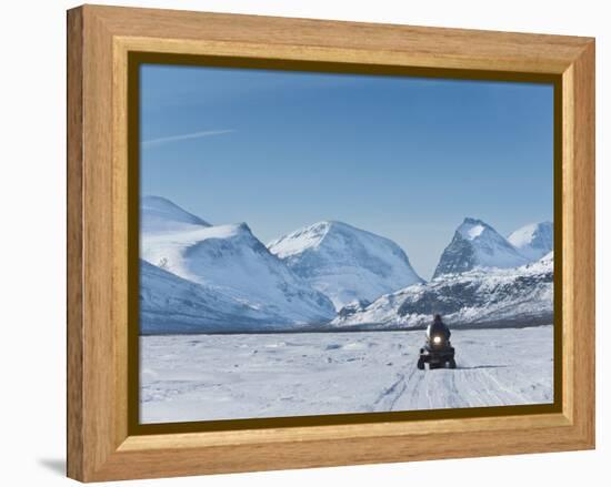 Snowmobiling in Kalix River Valley With Snow Covered Mountains, Kiruna Region, Arctic Sweden-Kim Walker-Framed Premier Image Canvas