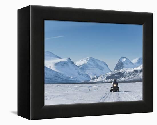 Snowmobiling in Kalix River Valley With Snow Covered Mountains, Kiruna Region, Arctic Sweden-Kim Walker-Framed Premier Image Canvas