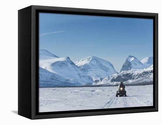 Snowmobiling in Kalix River Valley With Snow Covered Mountains, Kiruna Region, Arctic Sweden-Kim Walker-Framed Premier Image Canvas