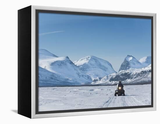 Snowmobiling in Kalix River Valley With Snow Covered Mountains, Kiruna Region, Arctic Sweden-Kim Walker-Framed Premier Image Canvas