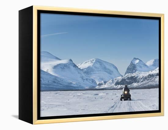 Snowmobiling in Kalix River Valley With Snow Covered Mountains, Kiruna Region, Arctic Sweden-Kim Walker-Framed Premier Image Canvas
