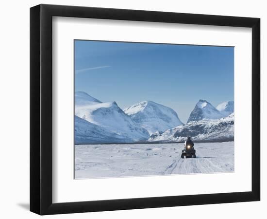 Snowmobiling in Kalix River Valley With Snow Covered Mountains, Kiruna Region, Arctic Sweden-Kim Walker-Framed Photographic Print