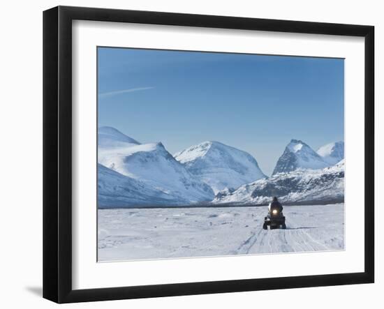 Snowmobiling in Kalix River Valley With Snow Covered Mountains, Kiruna Region, Arctic Sweden-Kim Walker-Framed Photographic Print