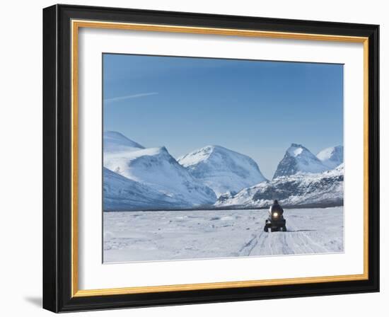 Snowmobiling in Kalix River Valley With Snow Covered Mountains, Kiruna Region, Arctic Sweden-Kim Walker-Framed Photographic Print