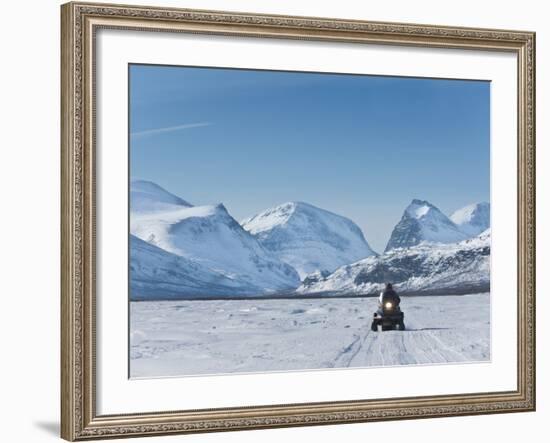 Snowmobiling in Kalix River Valley With Snow Covered Mountains, Kiruna Region, Arctic Sweden-Kim Walker-Framed Photographic Print