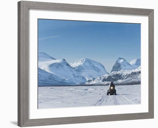 Snowmobiling in Kalix River Valley With Snow Covered Mountains, Kiruna Region, Arctic Sweden-Kim Walker-Framed Photographic Print