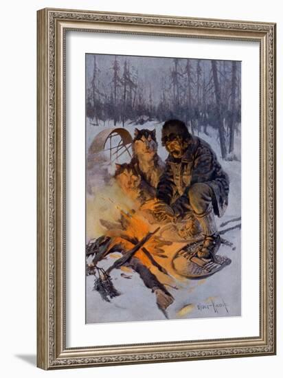 Snowshoe Traveler and His Arctic Dog-Team at a Campfire-null-Framed Giclee Print