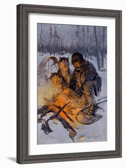 Snowshoe Traveler and His Arctic Dog-Team at a Campfire-null-Framed Giclee Print