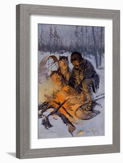 Snowshoe Traveler and His Arctic Dog-Team at a Campfire-null-Framed Giclee Print