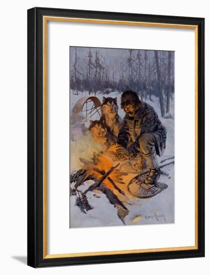 Snowshoe Traveler and His Arctic Dog-Team at a Campfire-null-Framed Giclee Print