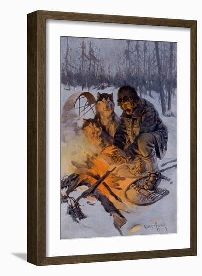 Snowshoe Traveler and His Arctic Dog-Team at a Campfire-null-Framed Giclee Print